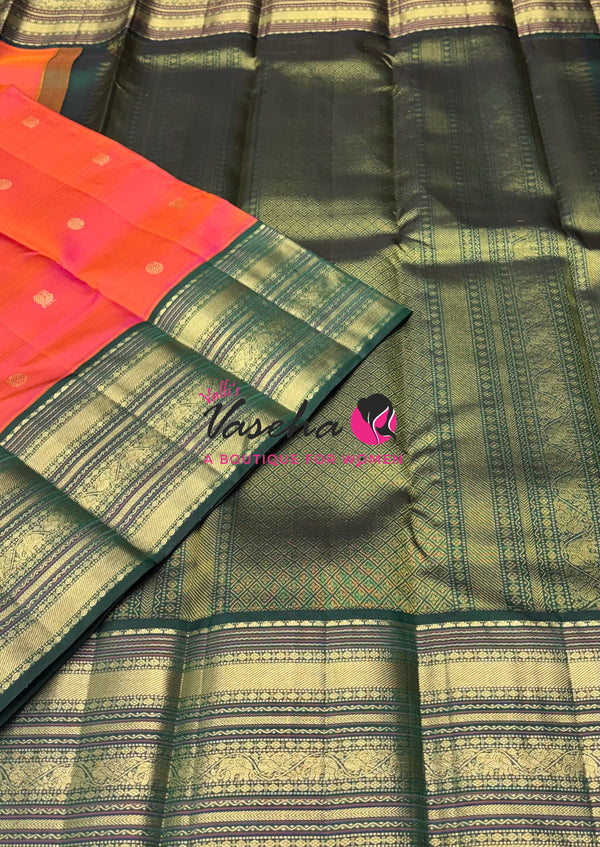 Pure Vintage Korvai Kanchipuram Silk Saree - Orangish Peach With Green - VVPS102