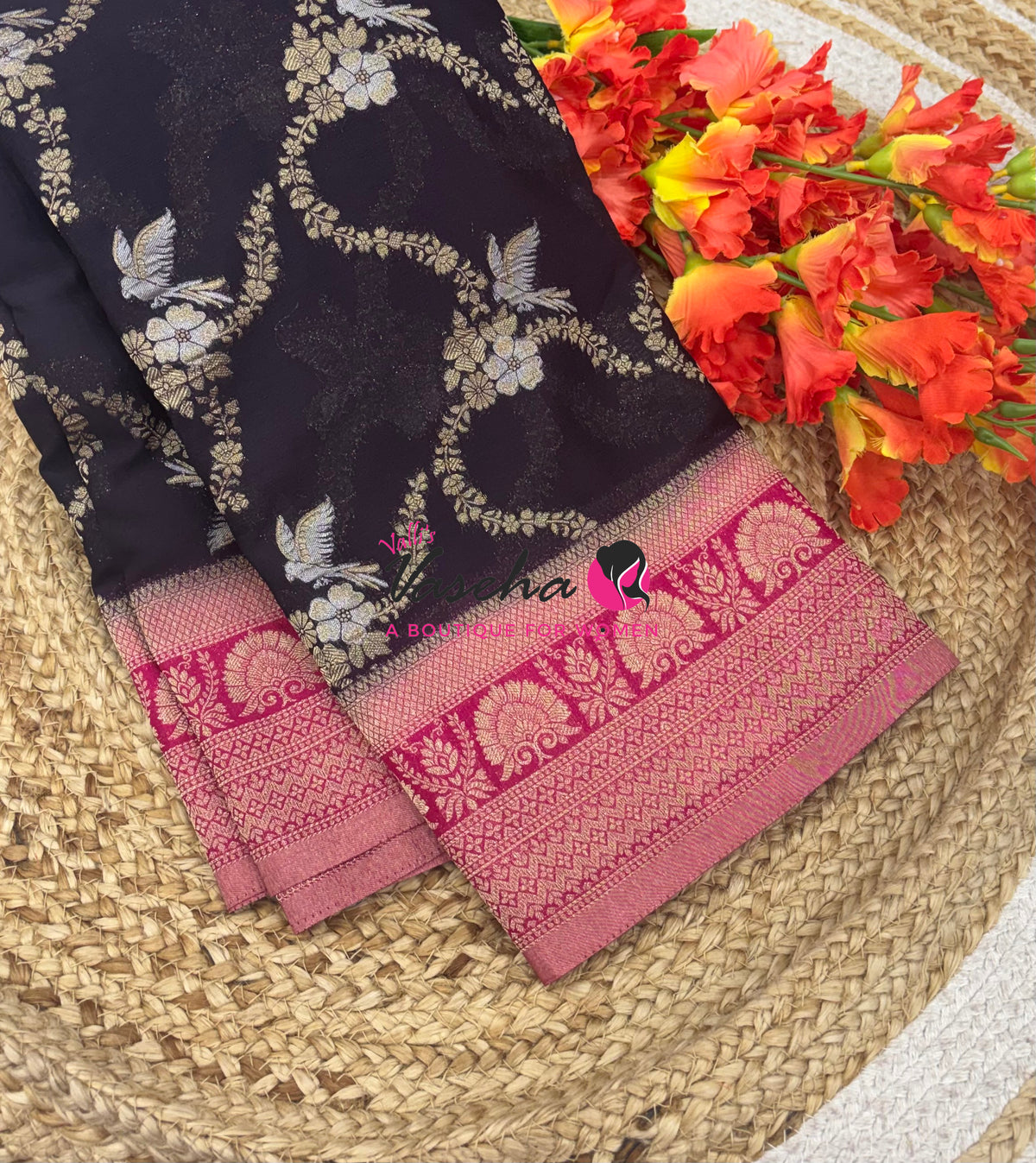 Banarasi Georgette Saree - Black With Pink Combo - VVBGS002