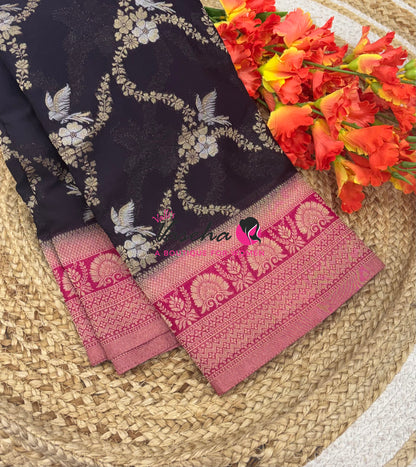Banarasi Georgette Saree - Black With Pink Combo - VVBGS002