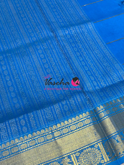 Pure Silk Cotton Saree - Mayil & Chakkaram Design - Blue With Blue Shade - VVMC001