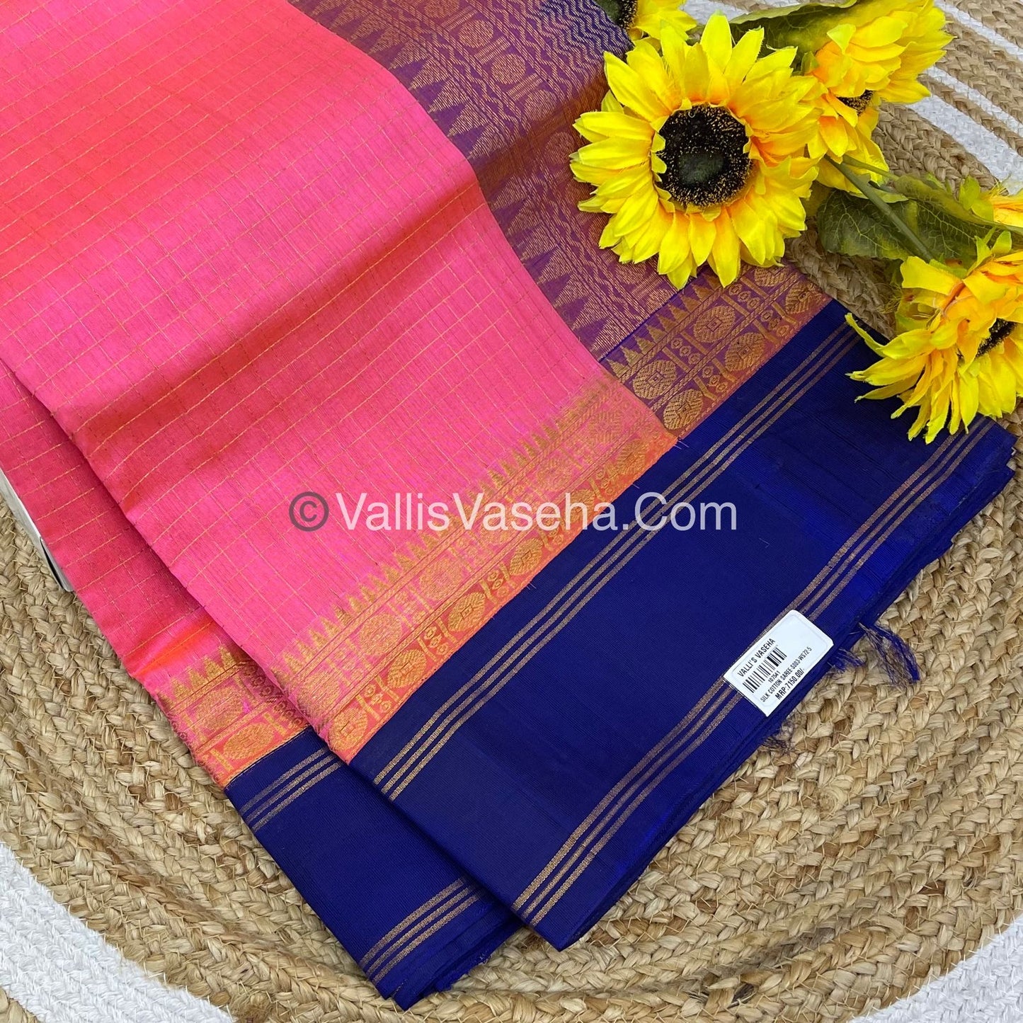 Pure Korvai Silk Cotton - Retta Petta Border - Pink with Blue Combo - VVKSC010