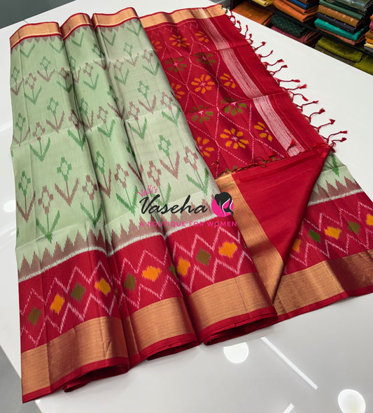 Pure Soft Silk Saree  - Pochampally Design - Light Green & Red Combo - VVPSS110