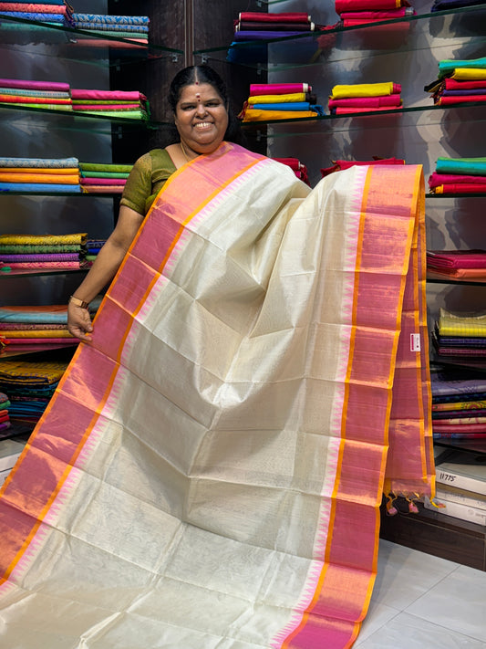 Pre Booking - Pure Korvai Silk Cotton Saree - Half white with Peachish Yellow Combo - Temple border - VVPBSC016