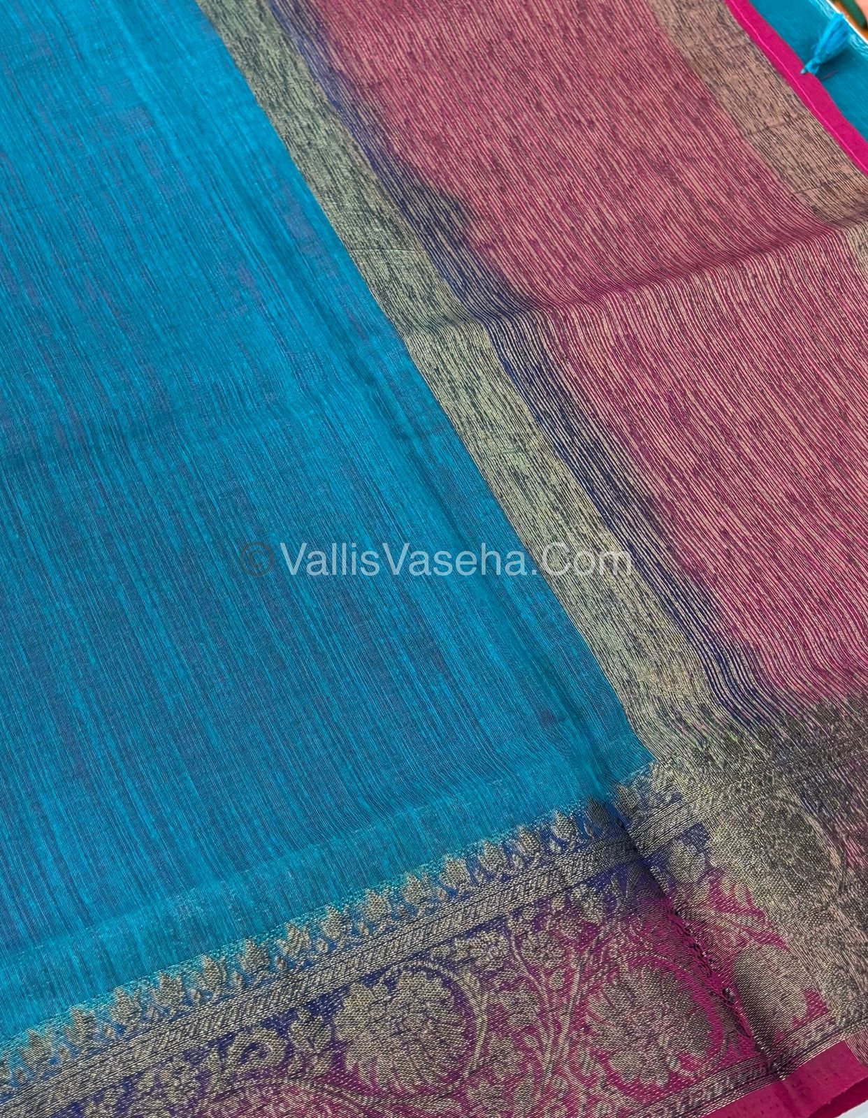 Bamboo Silk Saree - Blue With Pink Shade - VVBSS007