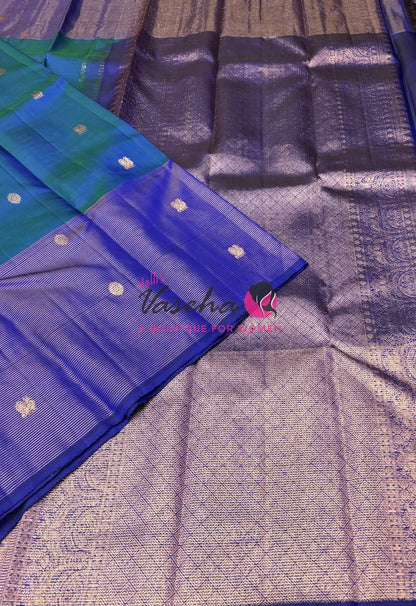 Pure Kanchipuram Silk Saree - Peacock Blue With Blue - VVPS052