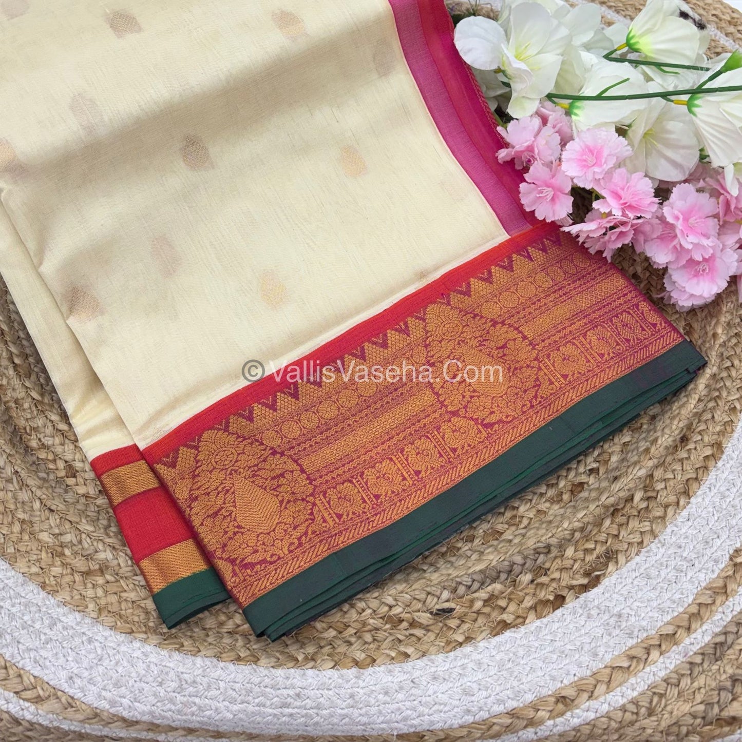 Pure Korvai Silk Cotton Saree - Cream with Pink - VVKSC019