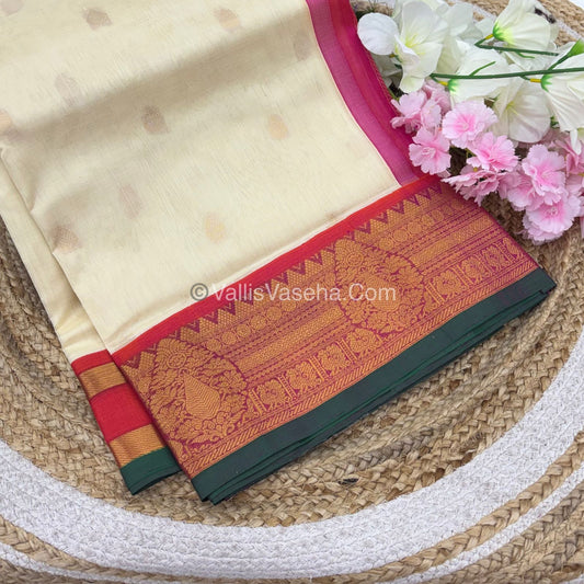Pure Korvai Silk Cotton Saree - Cream with Pink - VVKSC019