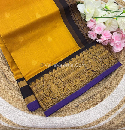 Pure Korvai Silk Cotton Saree - Mustard Yellow with Brown - VVKSC019