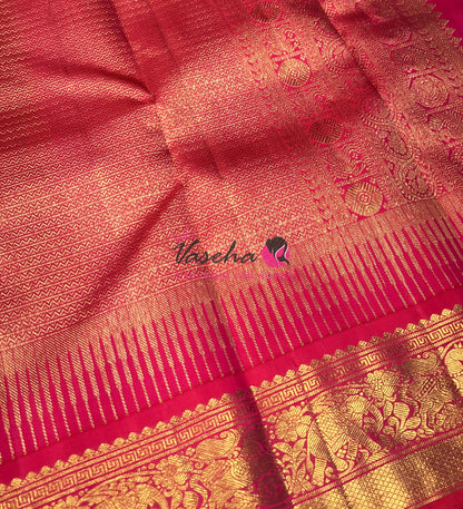 Pure Vintage Korvai Kanchipuram Silk Saree - Blue With Peachich Pink - VVPS062