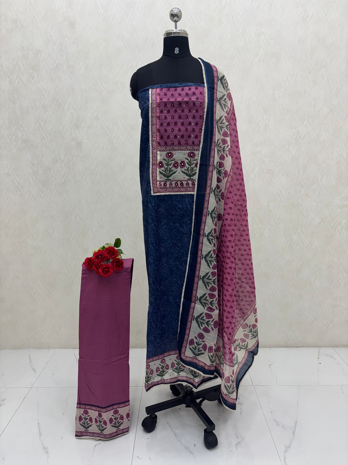 Unstitched Linen Mixed Cotton Material | Blue with Pink Shade | VVUSM075