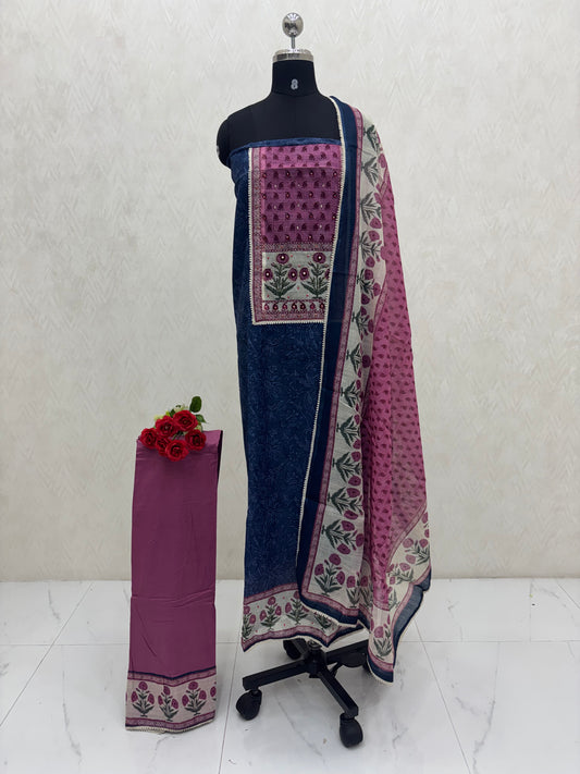 Unstitched Linen Mixed Cotton Material | Blue with Pink Shade | VVUSM075