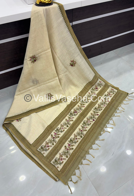 French Knot - Tissue Saree - Cream With Green Shade - VVLFN006