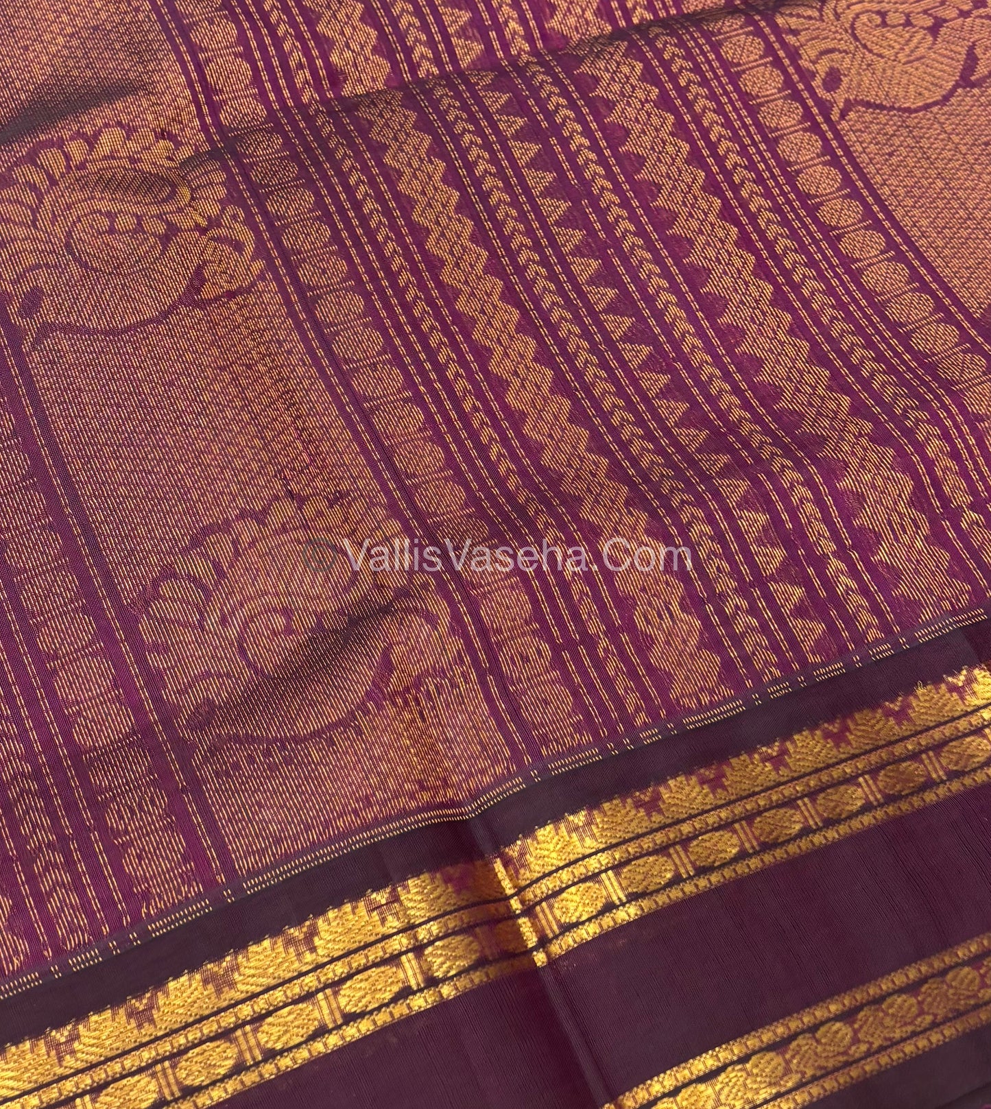Pure Korvai Silk Cotton - Podi Kattam - Retta Petta Border - Yellow & Purple & with Wine  - VVKSC003