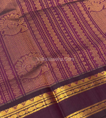 Pure Korvai Silk Cotton - Podi Kattam - Retta Petta Border - Yellow & Purple & with Wine  - VVKSC003
