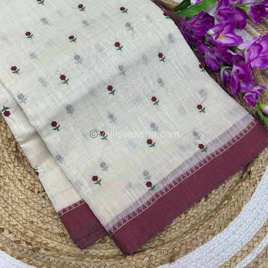 Semi Tussar Embroidery - Cream with Merun Combo - VVSTE001