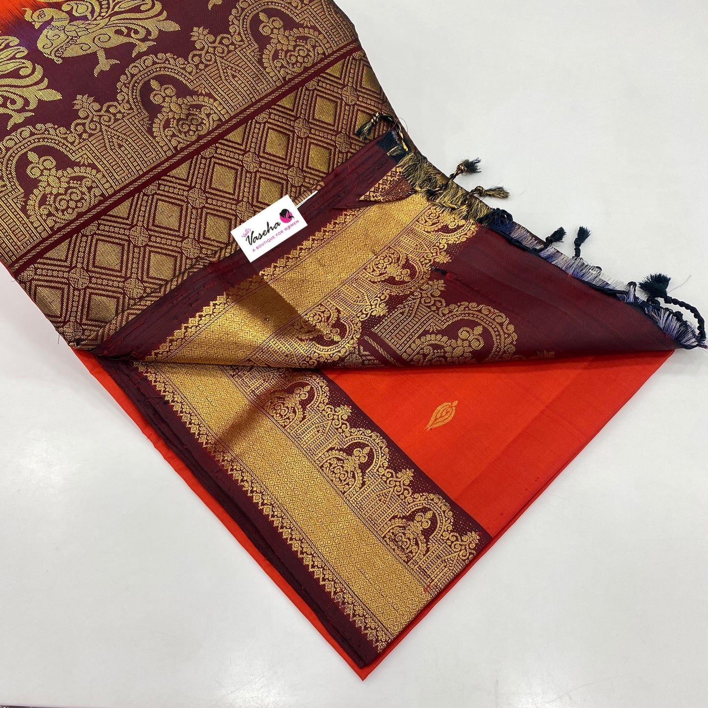 Pure Soft Silk Saree - Rust(Orange) with Brownish Merun Combo - VVPSS015