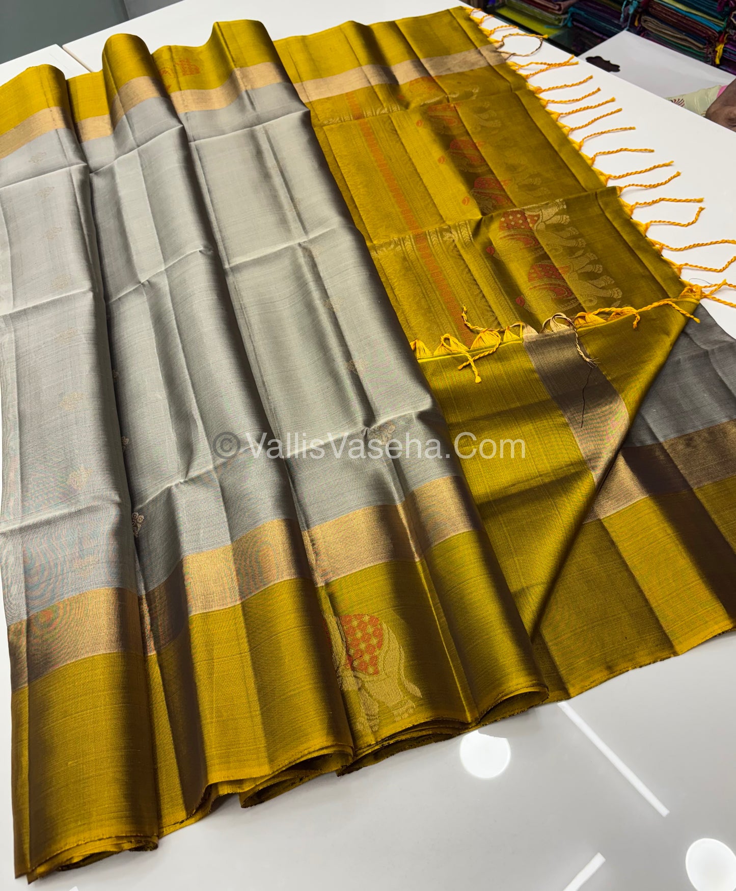 Half Mixed Soft Silk Saree - Grey with Lemon Green - VVPSS028