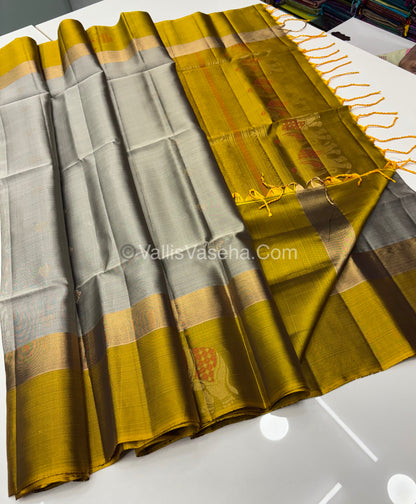 Half Mixed Soft Silk Saree - Grey with Lemon Green - VVPSS028