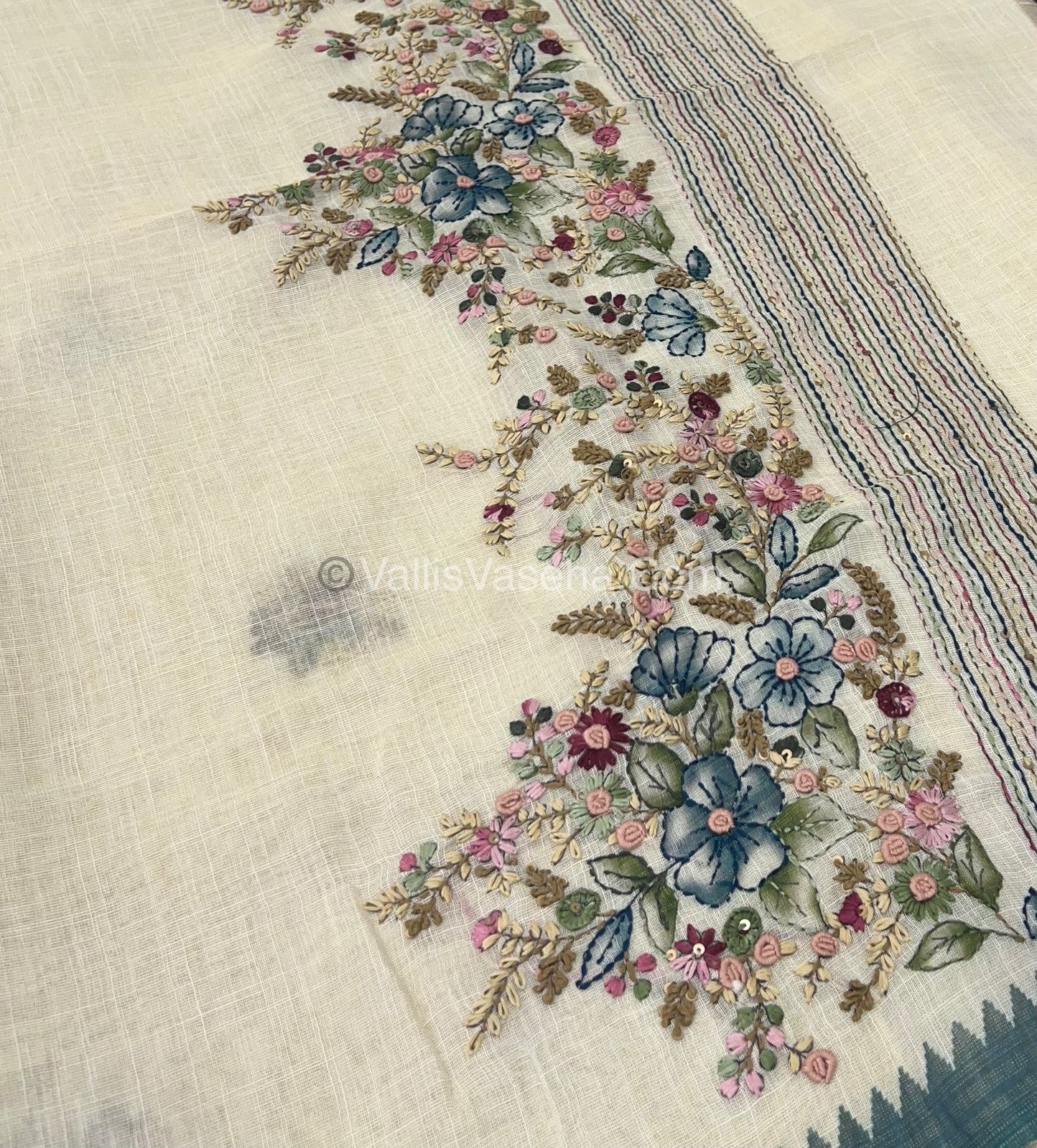 French Knot - Tissue Saree - Cream With Blue Shade - VVLFN001
