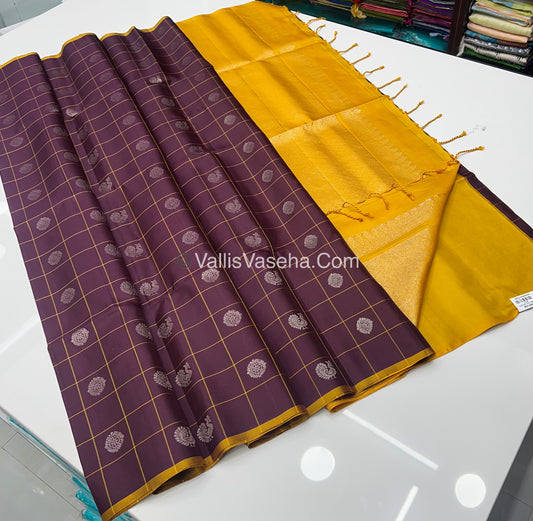 Pure Soft Silk Saree - Brownish Maroon & Yellow - VVPSS033