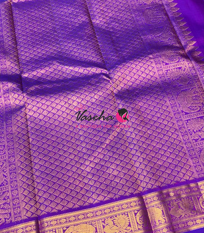 Pure Kanchipuram Silk Saree - Peachish Pink & Purple Combo - VVPS025