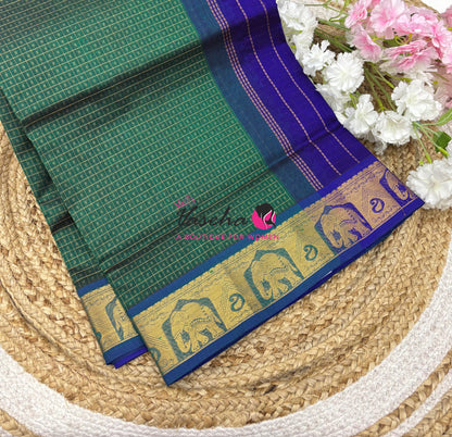 Pure Silk Cotton Saree - Dual Tone Green With Violetish Blue - Lakshadeepam Design - VVPLD004