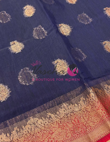 Bamboo Silk Saree- Dark Blue with Pink Shade - VVBSS014