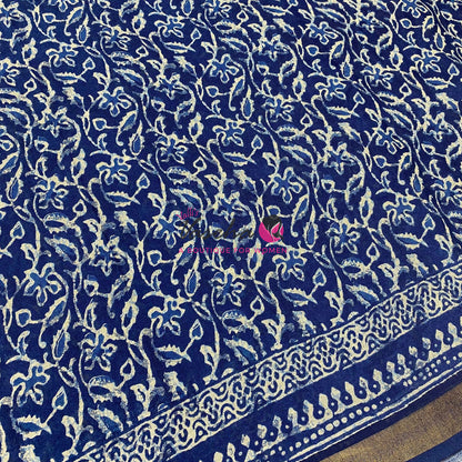 Semi Maheshwari Mixed Cotton Saree - Linen Feel - Indigo Blue - VVMSC008