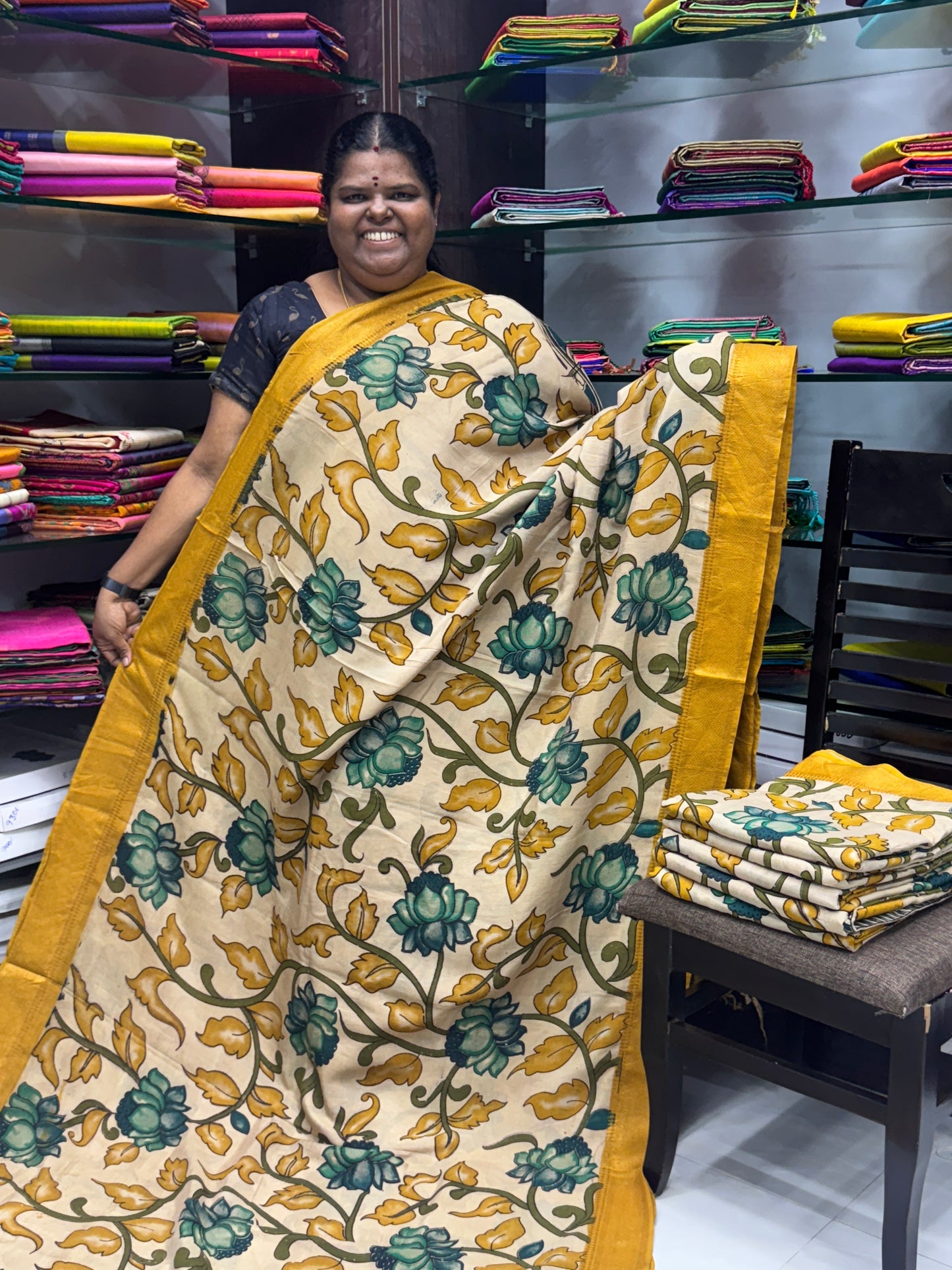 Chennur Silk | Kalamkari Prints | Cream With Yellow-VVCS005