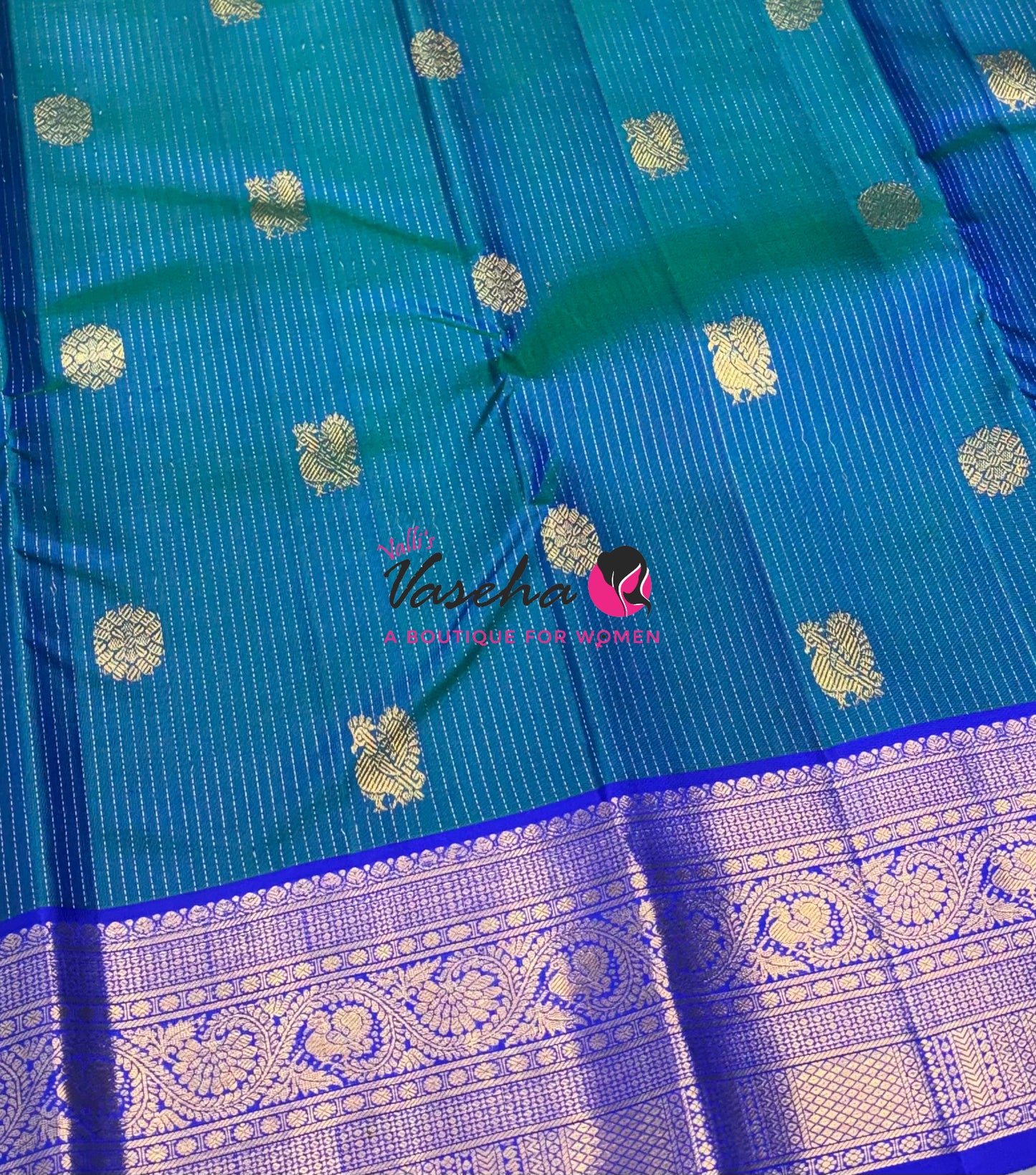 Pure Kanchipuram Silk Saree - Vairavoosi Design  - Peacock Blue & Blue Combo - VVPS059