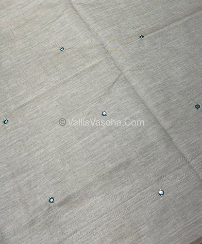 South Mixed Cotton - Mirror Work Embroidery - Cream  With Green  - VVPCM002