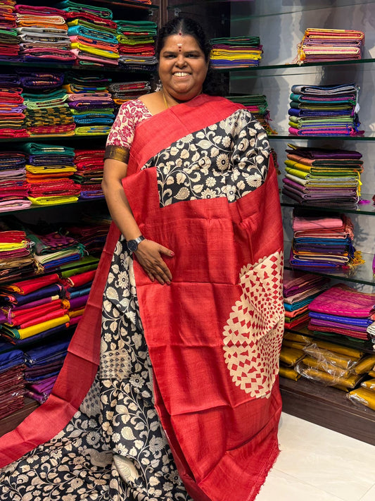 Pure Tussar Silk - Black With Red Shade - VVPTS001