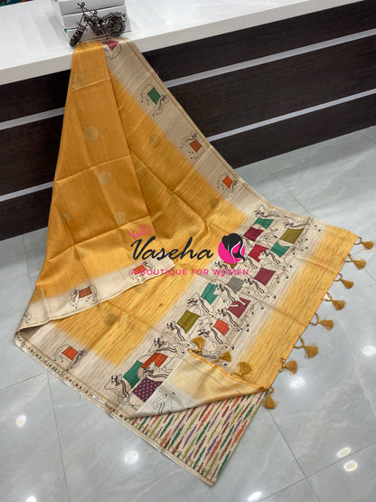 Semi Matka Tussar Saree - Pichwai Design - VVSMT003