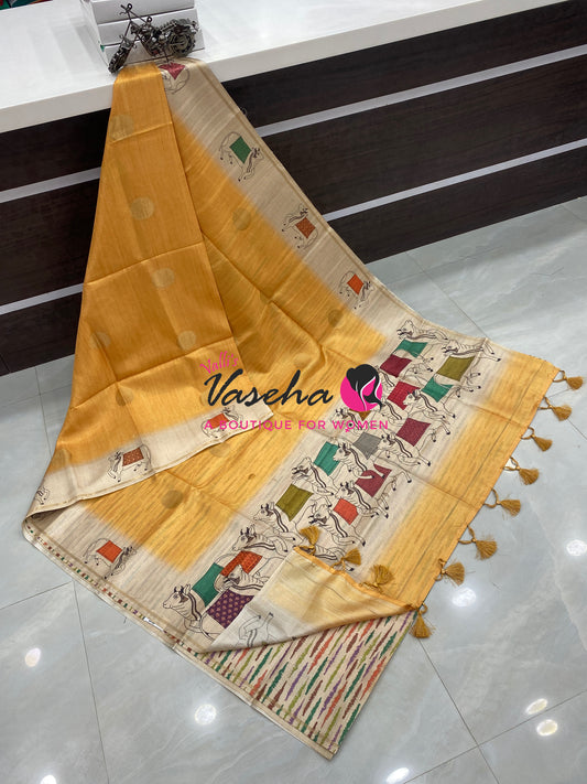 Semi Matka Tussar Saree - Pichwai Design - VVSMT003