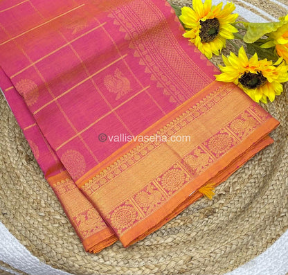 Pure Silk Cotton Saree - Mayil & Chakkaram Design - Peach with Yellow combo - VVMC001