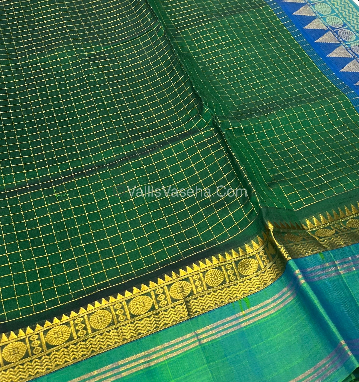 Pure Korvai Silk Cotton - Retta Petta Border - Green with Blue Combo - VVKSC010