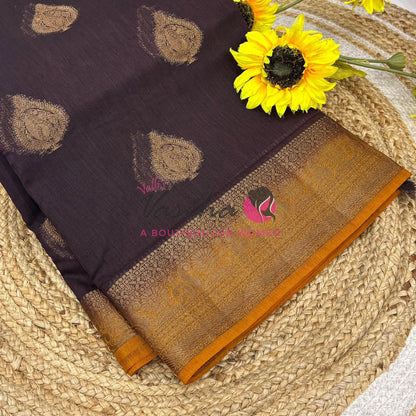 Bamboo Silk Saree- Brown with Yellow Shade - VVBSS013