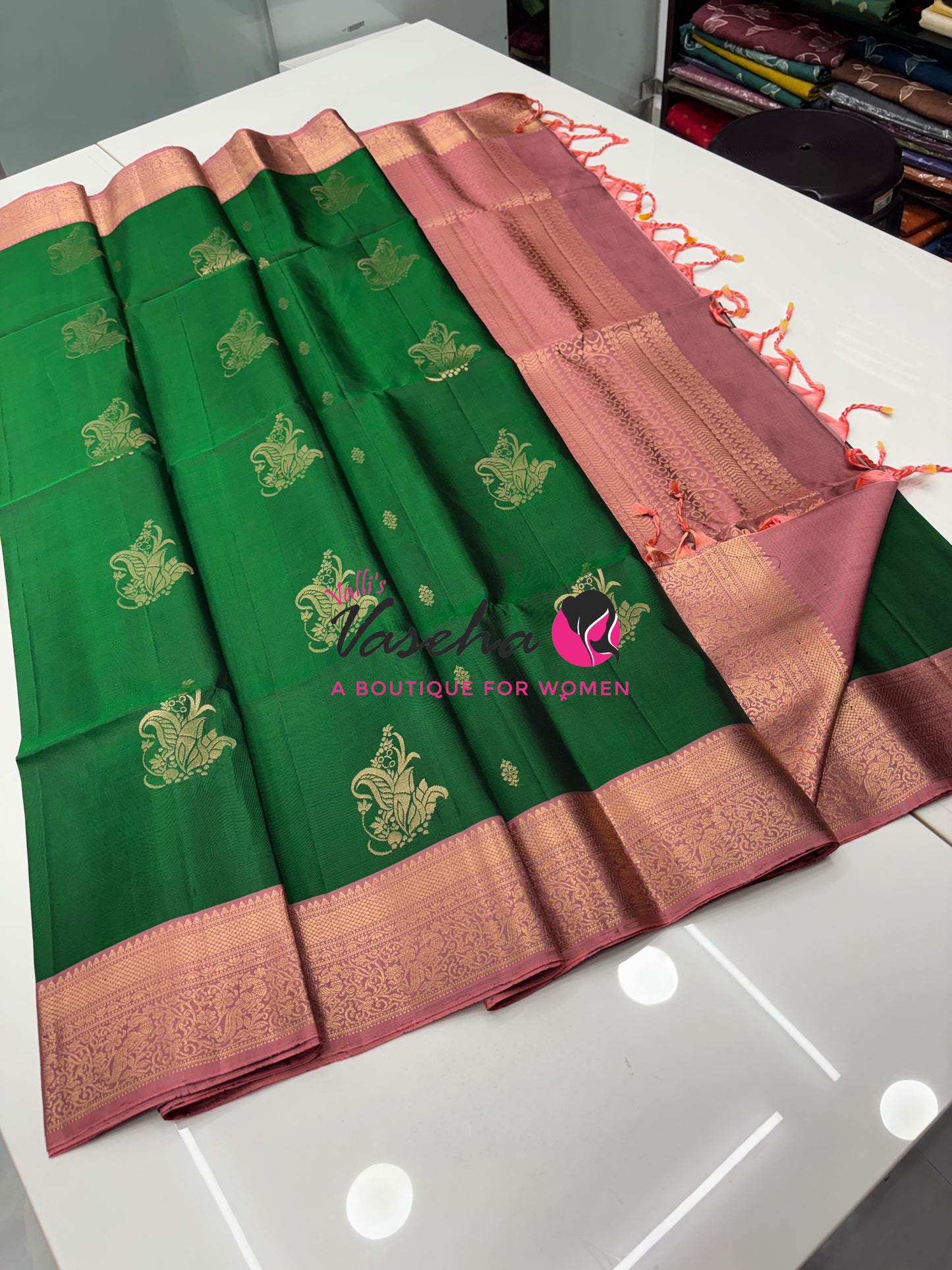 Pure Soft Silk Saree - Kanchi Border - Green & Onion Pink Combo - VVPSS046