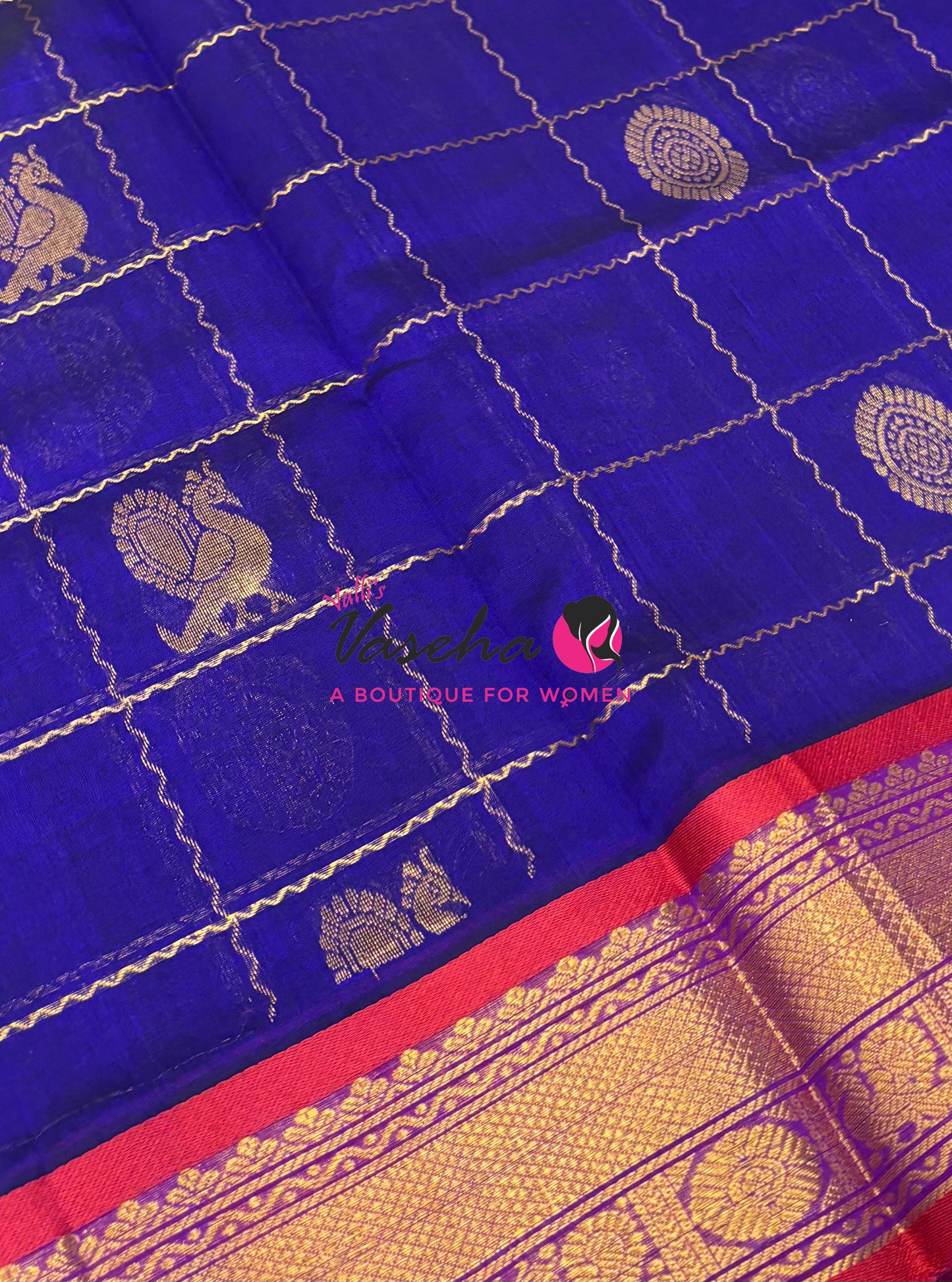 Pure Silk Cotton Saree - Mayil & Chakkaram Design - Blue With Red Shade - VVMC001