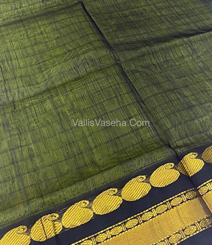 Pure Korvai Silk Cotton - Pista Green with Black  - Checks Pattern - VVKSC008