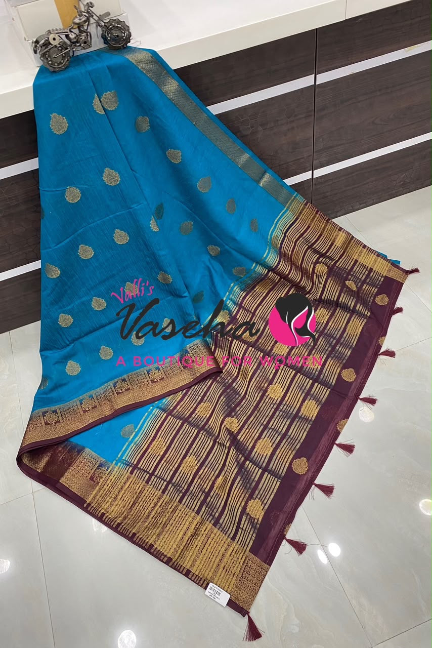 Semi Jute Silk Saree - Blue With Yellow Shade- VVSJS002