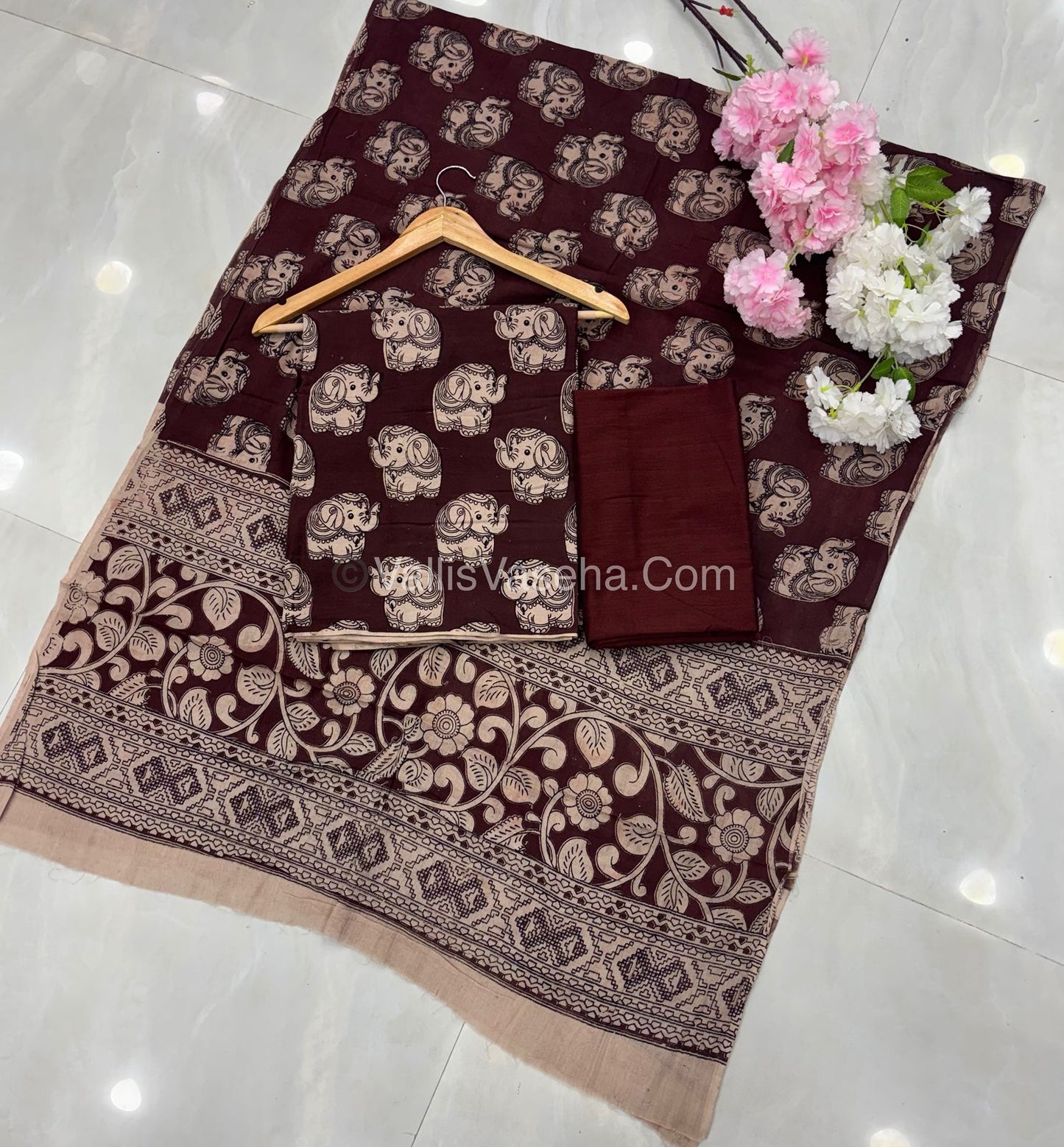 Unstitched Salwar Material -Kalamkari & Raw Silk - Wine Shade  - VVUSM018
