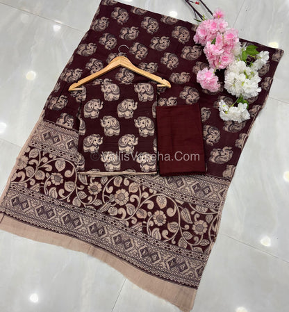Unstitched Salwar Material -Kalamkari & Raw Silk - Wine Shade  - VVUSM018