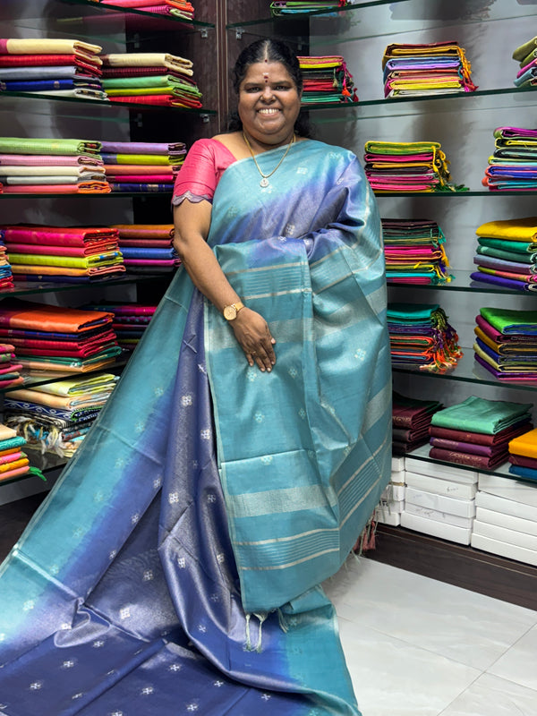 Bhagalpuri Silk - Vaira Voosi Lines -Violetish Blue to Blue Combo - VVBSV001