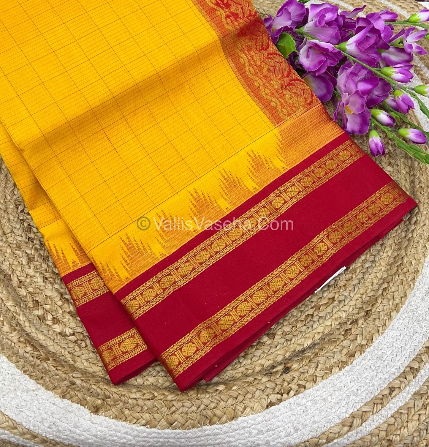 Pure Korvai Silk Cotton - Yellow with Red - Checks Pattern - VVKSC022