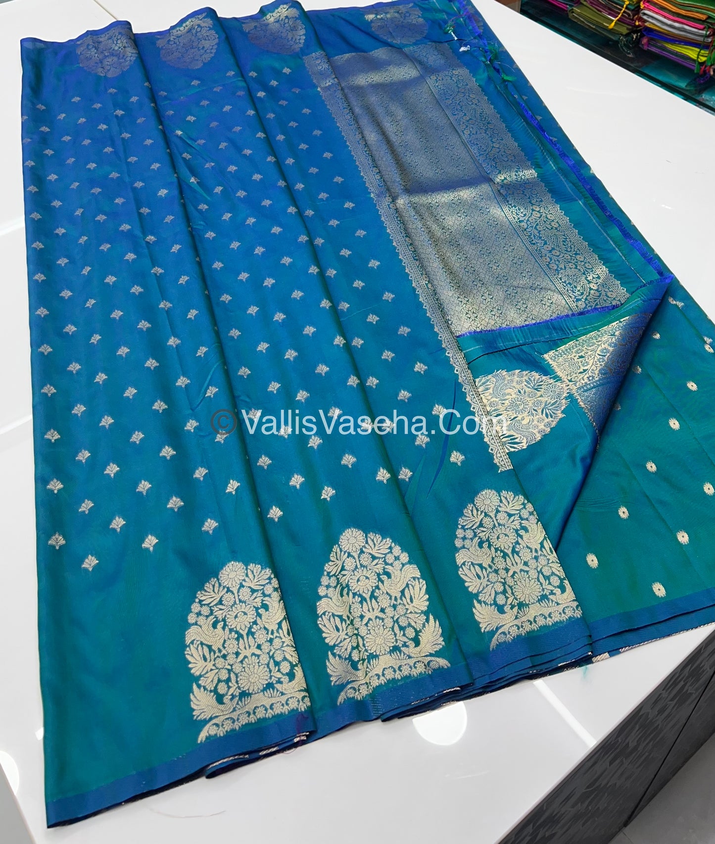 Semi Soft Silk - Tree With Double Birds Butta Border - Peacock Blue Shade -VVSSS011