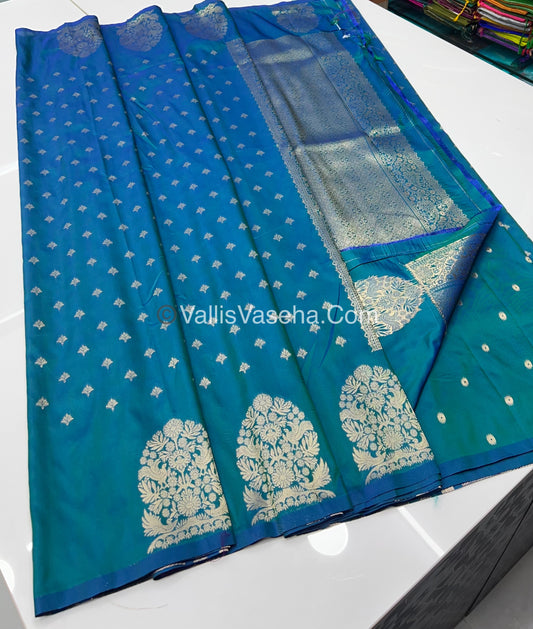 Semi Soft Silk - Tree With Double Birds Butta Border - Peacock Blue Shade -VVSSS011