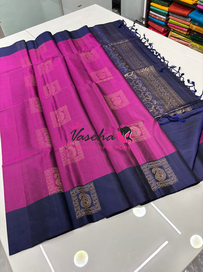 Pure  Soft Silk Saree - Pink & Blue  - VVPSS091