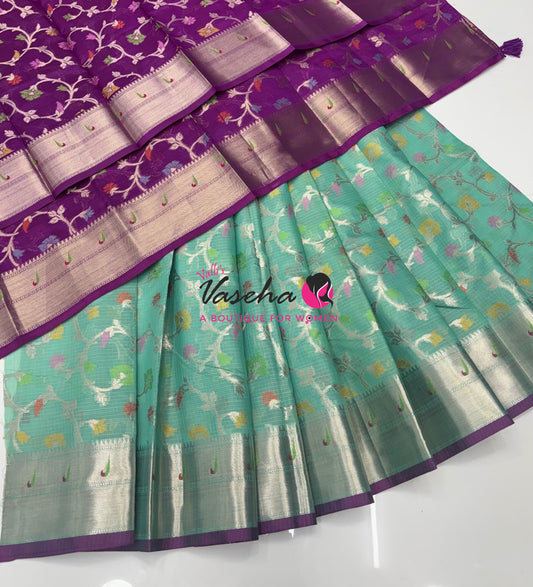 Unstitched - Lehenga Material - Zari Kota Tissue - Sea Green & Purple - VVULM003