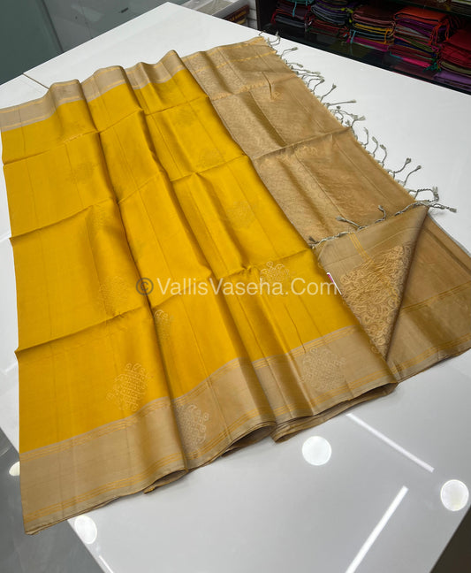 Pure Soft Silk Saree - Kolam Design - Yellow & Creamish Golden Shade - VVPSS056
